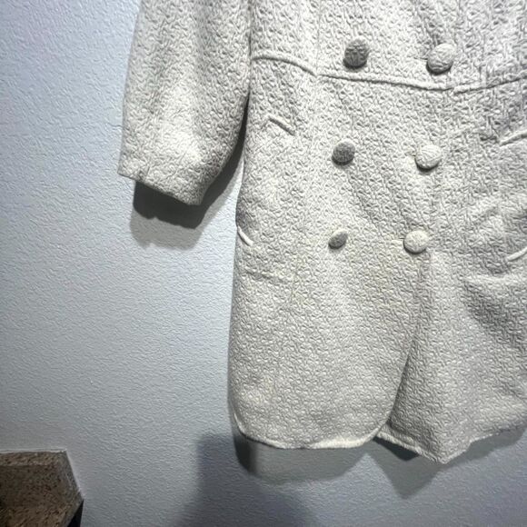 Vintage Pou Dou Dou Trench Coat Womens Large Beige Textured Printed Bow Shoulder - Picture 5 of 12